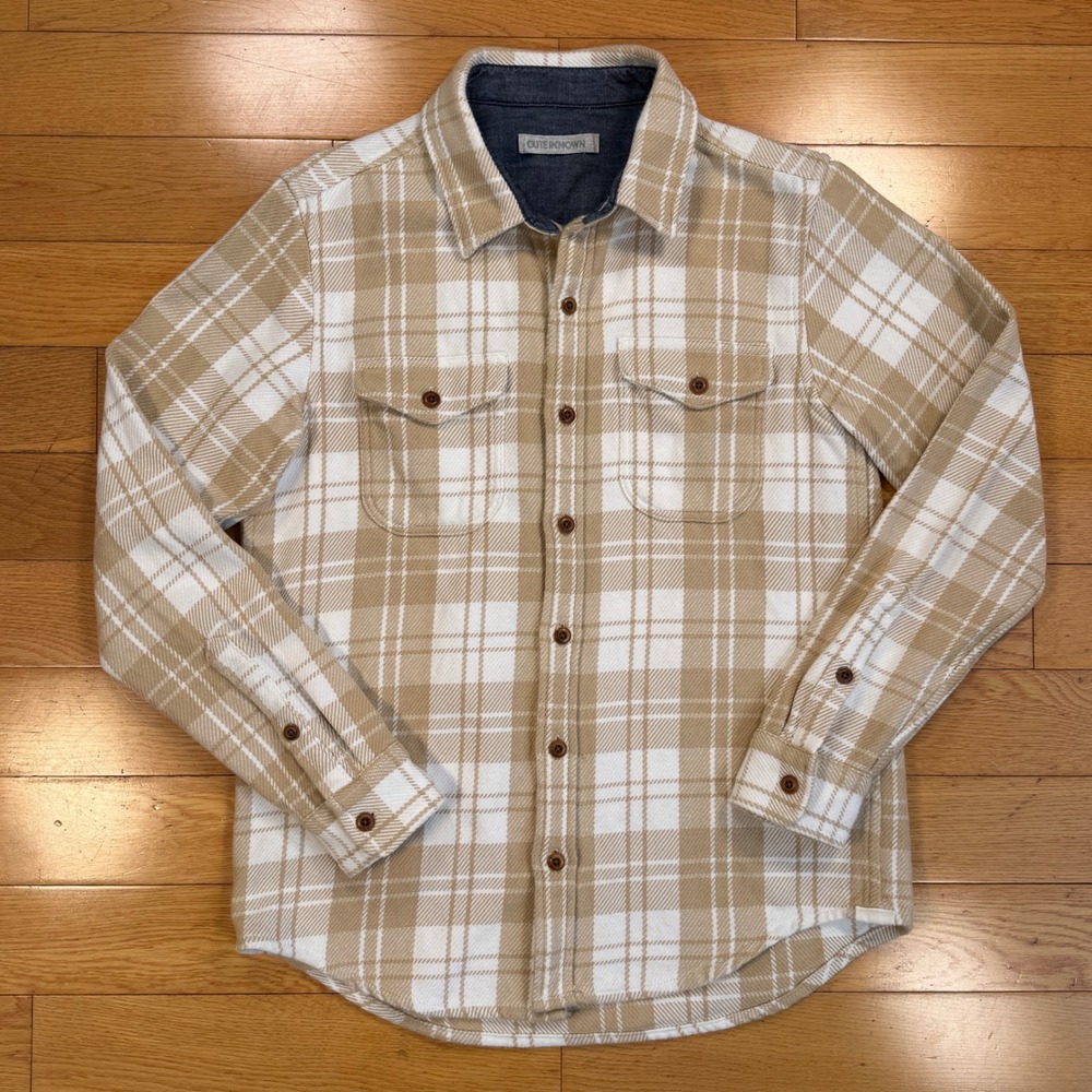 Outerknown Blanket Shirt Mens‎ Small Tan White Plaid Organic Cotton Button Down - Picture 2 of 9
